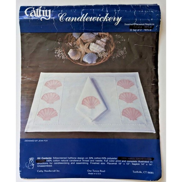 Vintage 1980's Seashell Placemats Napkins Candlewicking Embroidery Kit STARTED - Picture 2 of 5
